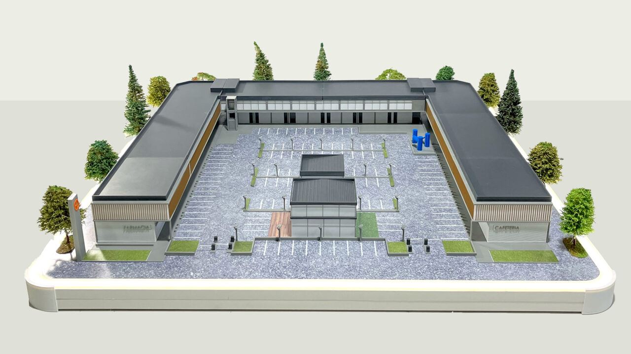 Maqueta arquitectónica impresa en 3D del desarrollo comercial Podio